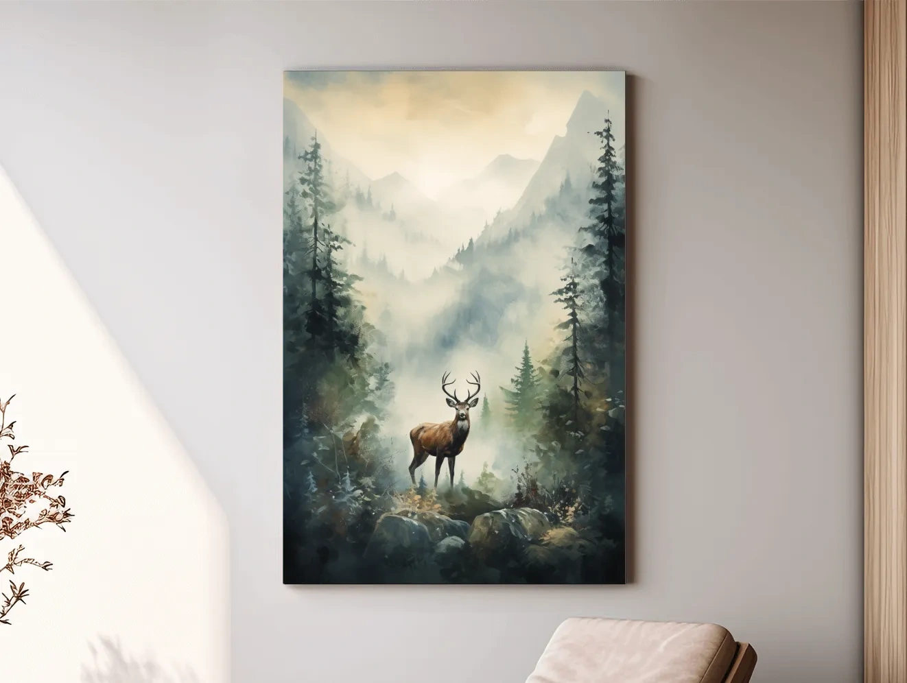 Misty Alpine Forest Deer Painting - Atmospheric Mountain Wildlife Wall Art