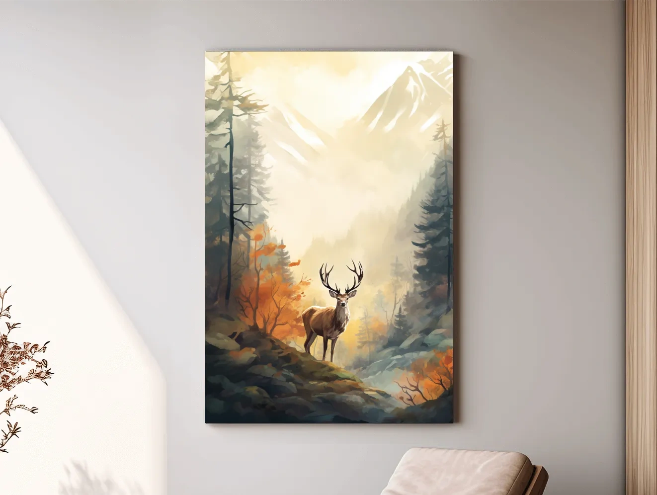 Majestic Stag In Misty Mountain Forest - Autumn Watercolor Wildlife Wall Art