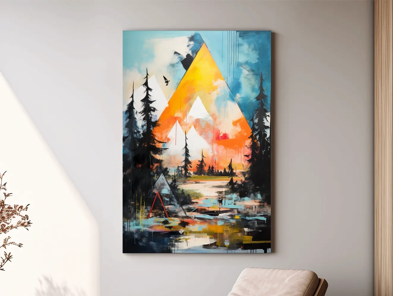 Vibrant Abstract Mountain Painting - Modern Geometric Alpine Forest Wall Art