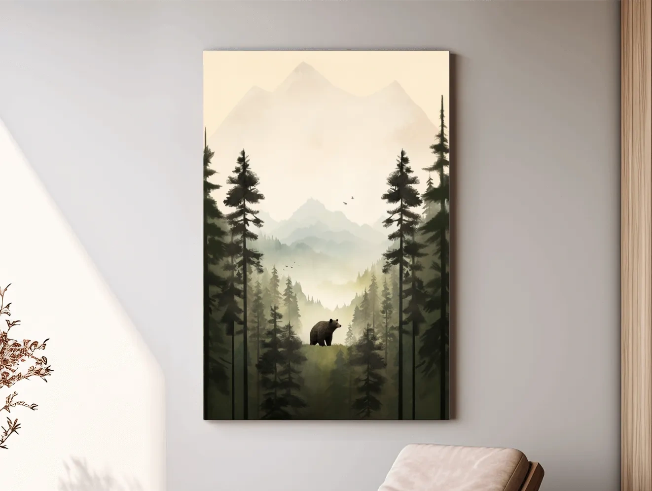 Misty Pine Forest Bear Illustration - Minimalist Wildlife Wall Art