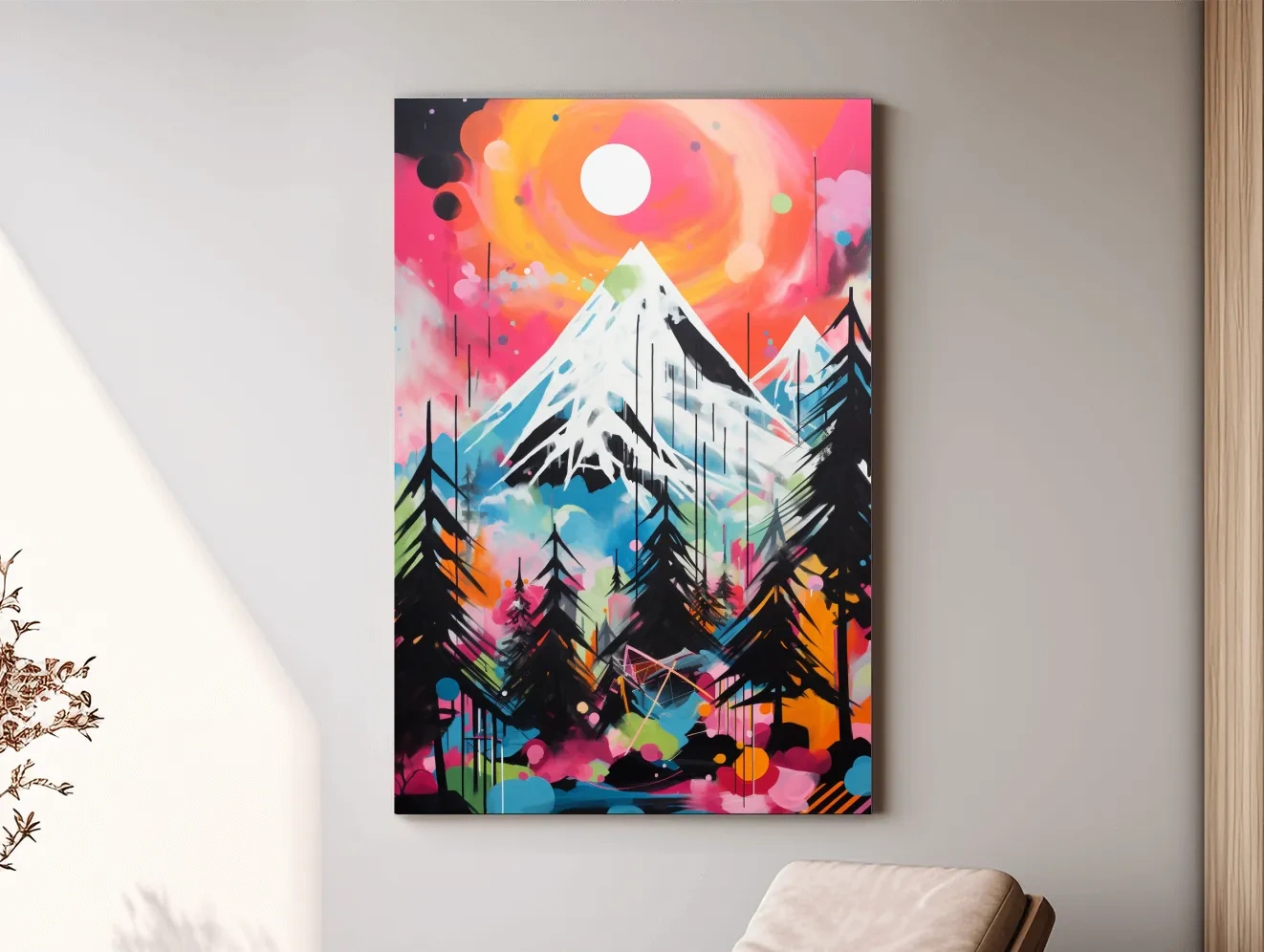 Vibrant Abstract Neon Mountain Glacier Sunset Painting - Colorful Alpine Wall Art