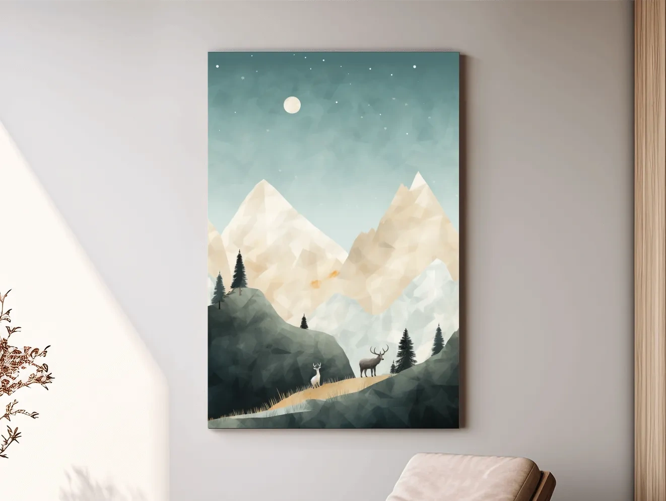 Mountain Deer Landscape Illustration - Minimalist Alpine Forest Wildlife Wall Art