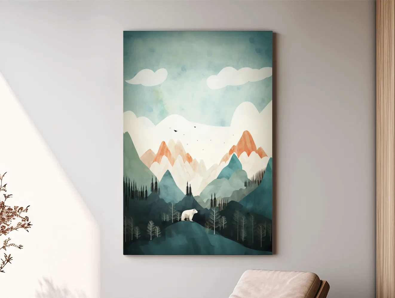 Whimsical Bear Alpine Mountain Landscape - Childrens Nursery Wall Art