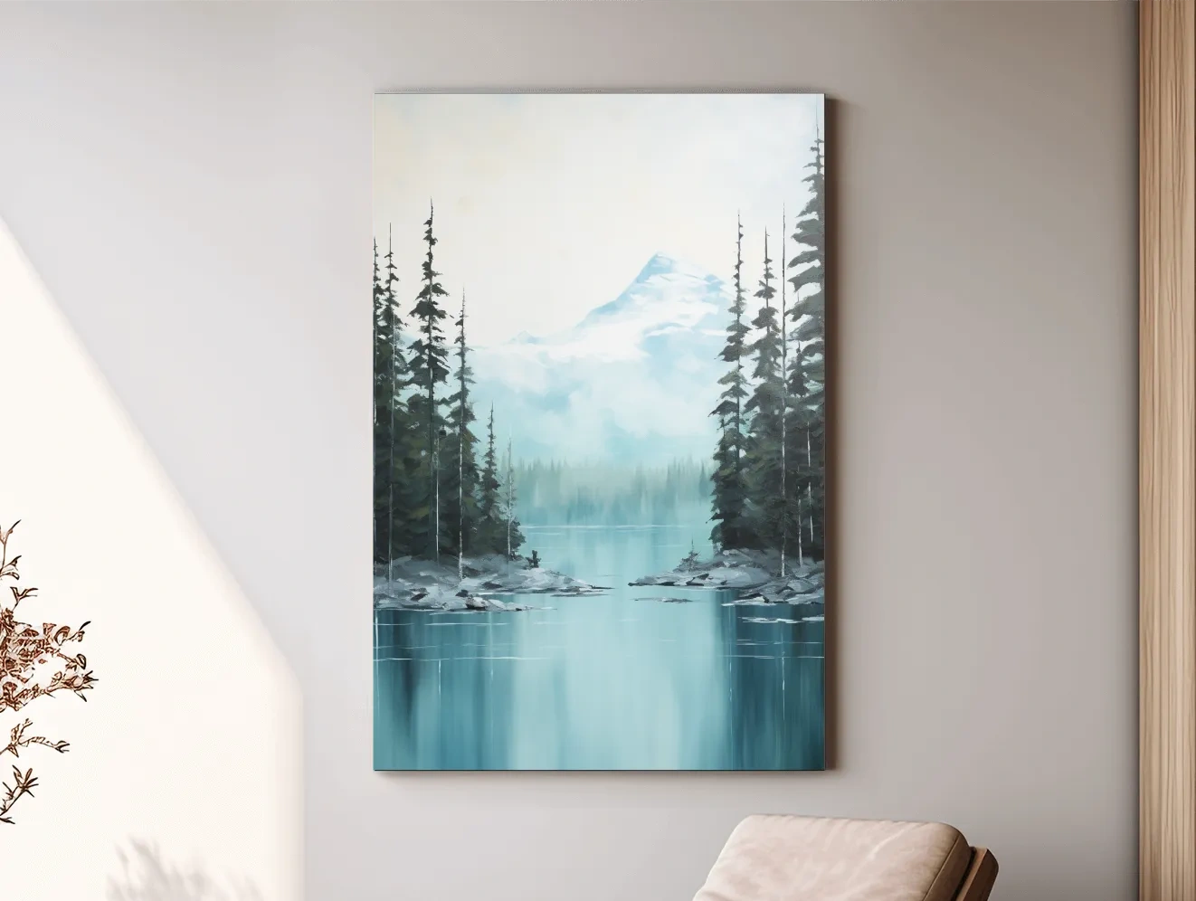 Turquoise Alpine Lake & Pine Forest Watercolor - Serene Mountain Landscape Wall Art