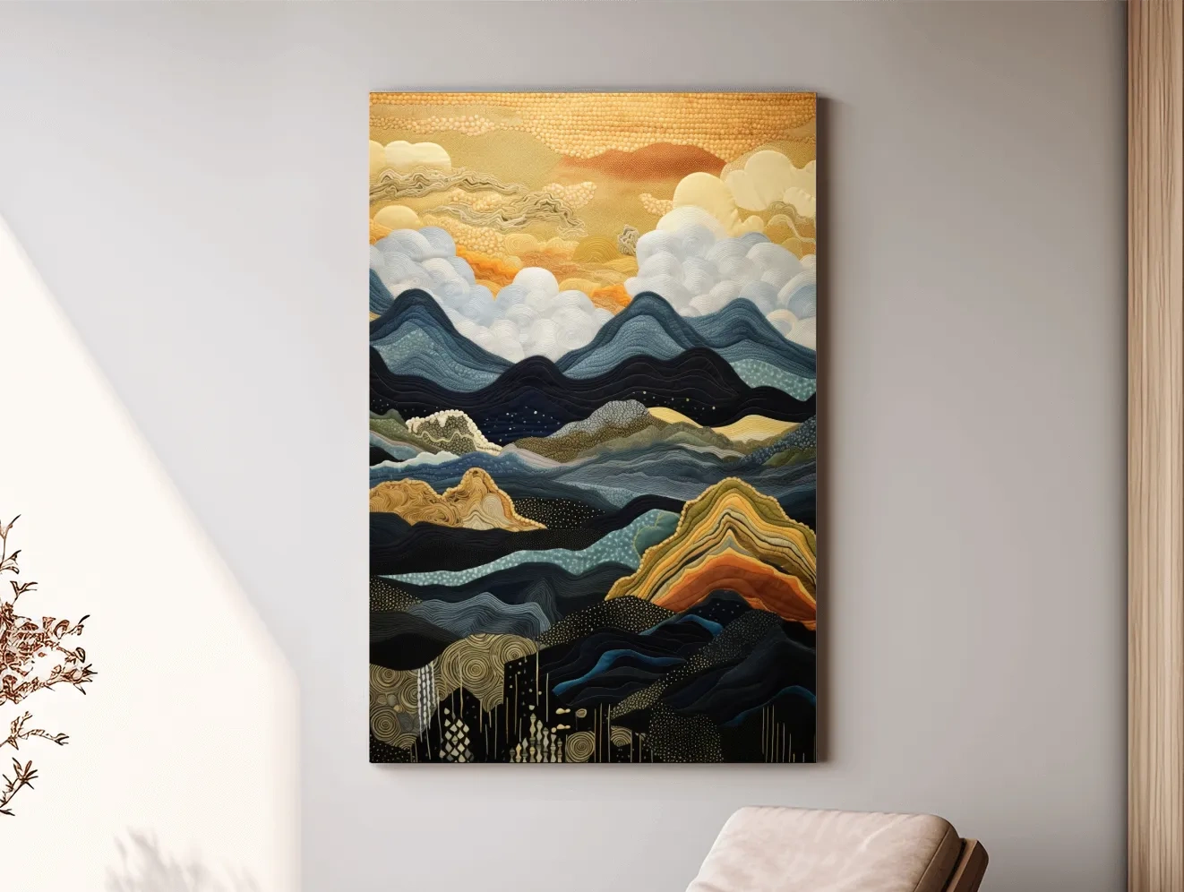 Layered Tapestry Mountain Range Sunrise - Abstract Mixed Media Landscape Wall Art