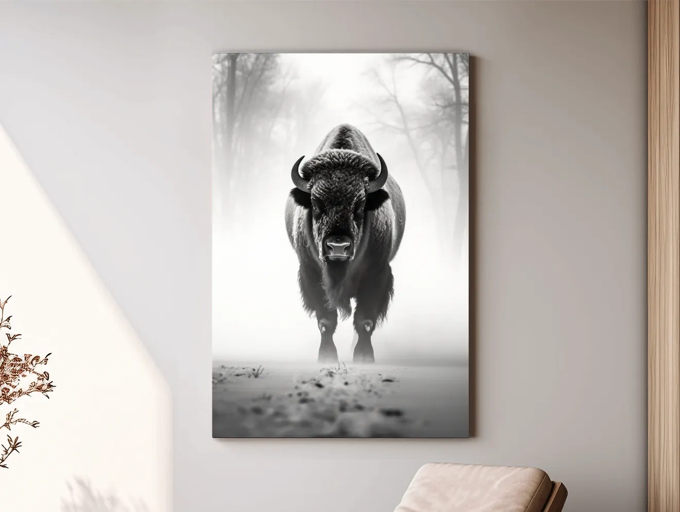 Moody Black And White Bison Portrait - Foggy Winter Wildlife Wall Art
