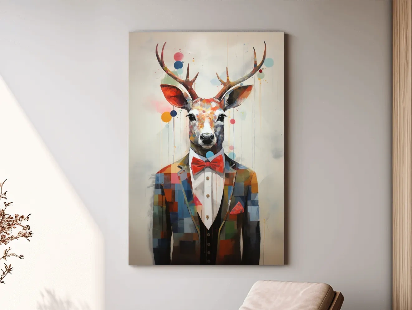 A collage style painting of a deer in a tuxedo