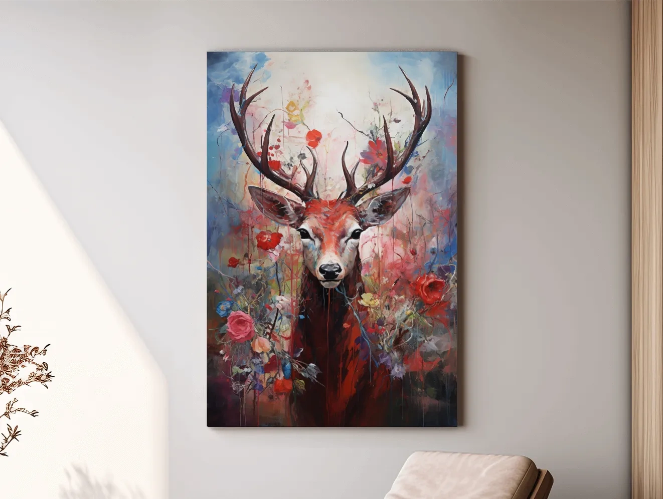 Floral painting of a deer, vibrant wall art