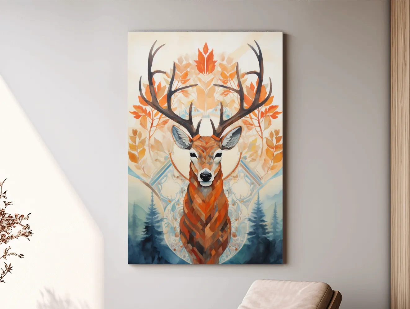 Ornate Stag Deer Watercolor Portrait - Autumn Woodland Wildlife Wall Art