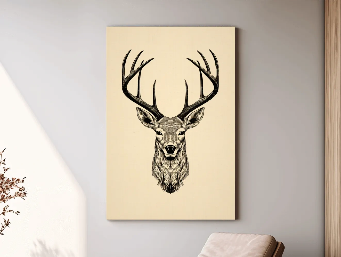 Vintage Deer Head Line Drawing Artwork - Minimalist Wildlife Tattoo Wall Art