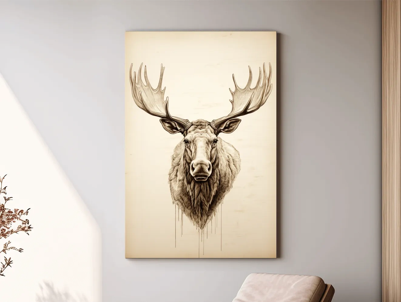 Rustic Moose Head Sketch Illustration - Vintage Sepia Wildlife Wall Art