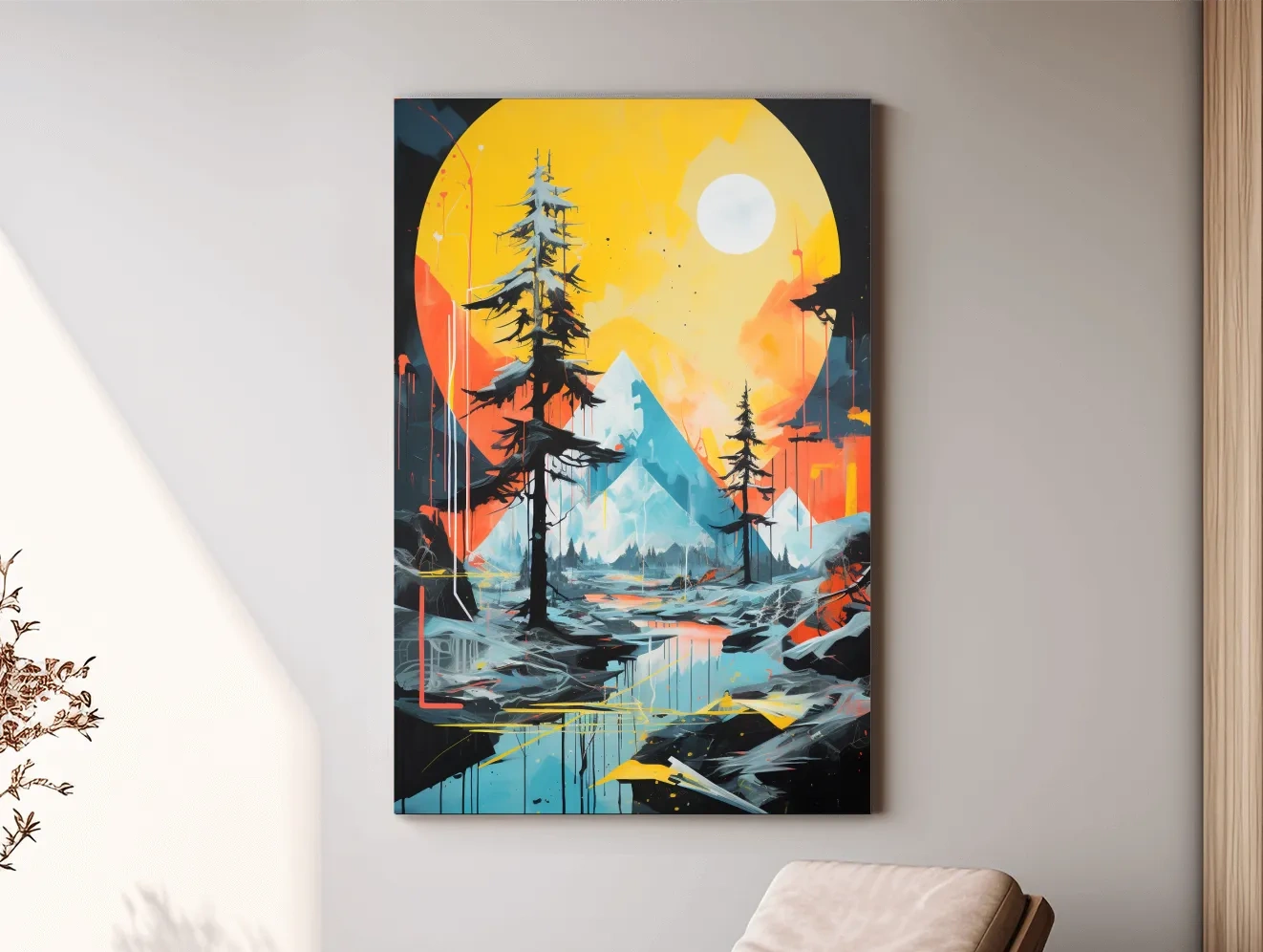 Vibrant Abstract Mountain Lake Sunset Painting - Modern Geometric Pine Forest Wall Art