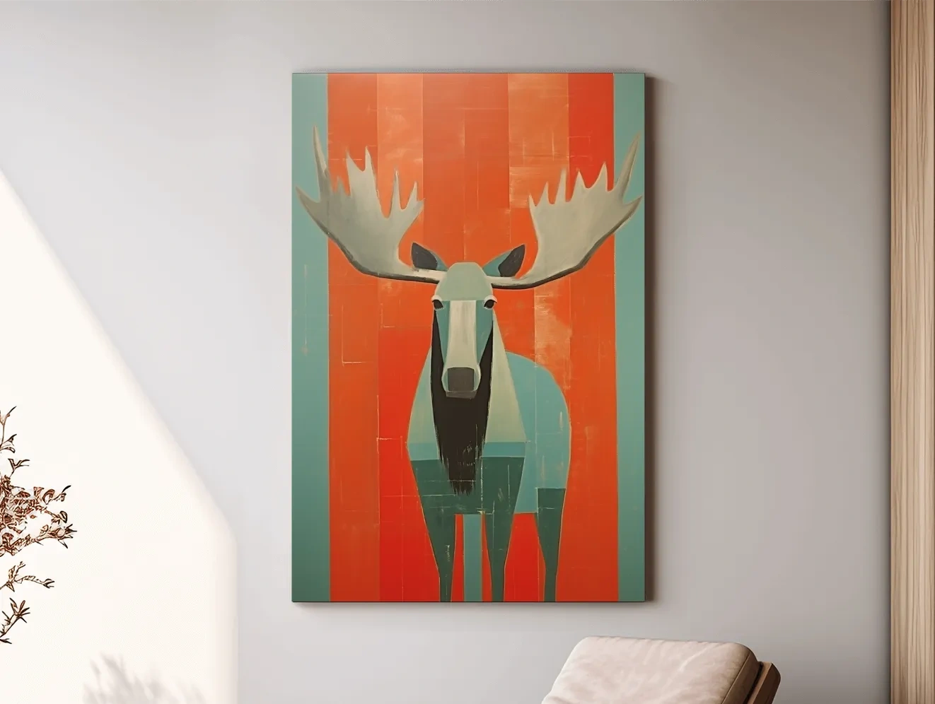 Mid Century Modern Rustic Moose Portrait Painting -  Wildlife Wall Art