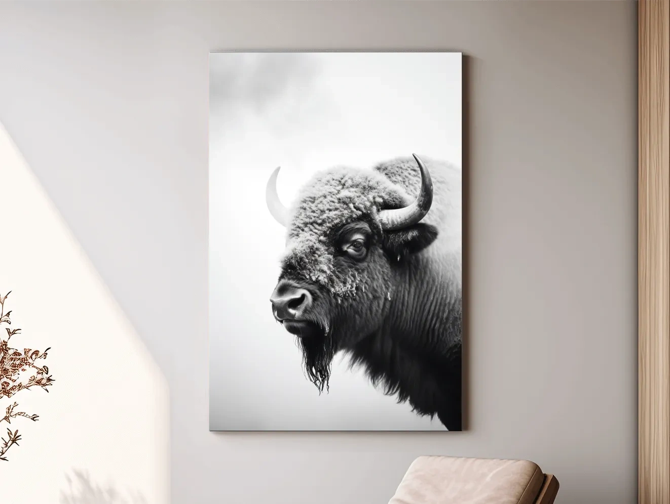 Moody Black And White Bison Portrait - Minimalist Photographic Wildlife Wall Art