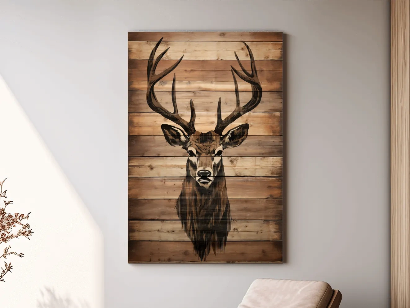 Rustic Stag Head Wood Burning Art - Cabin Lodge Wildlife Artwork