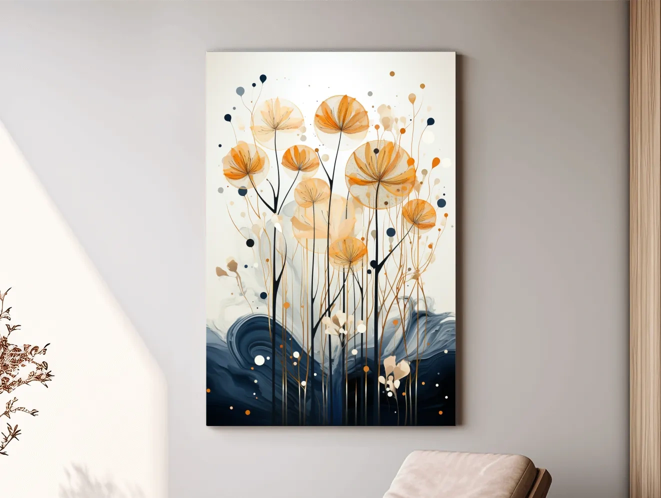 Abstract Golden Wildflower Ink Wash - Botanical Boho Wall Art
