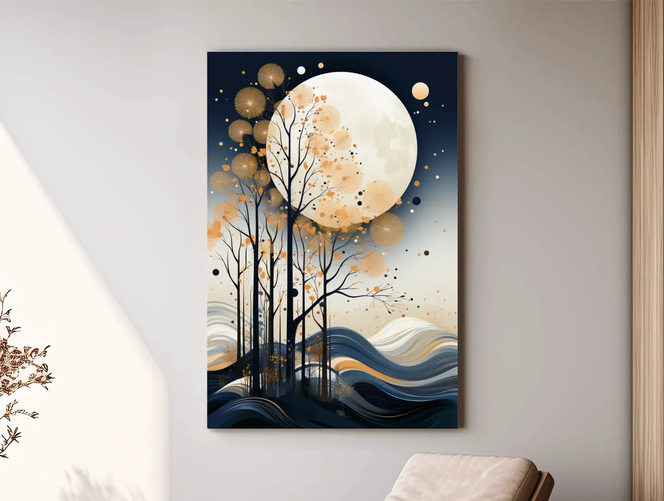 Abstract Moonlit Forest Silhouette - Elegant Boho Landscape Wall Art
