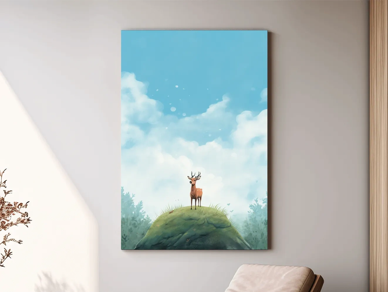 Whimsical Watercolor Deer on Grassy Hill - Serene Woodland Nursery Wall Art