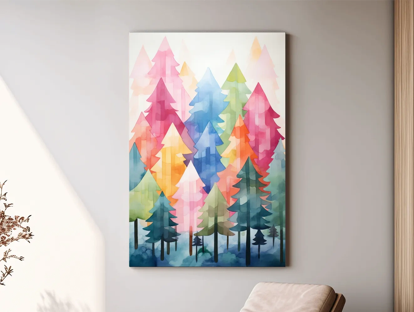 Colorful Watercolor Pine Forest Illustration - Whimsical Scandinavian Boho Wall Art