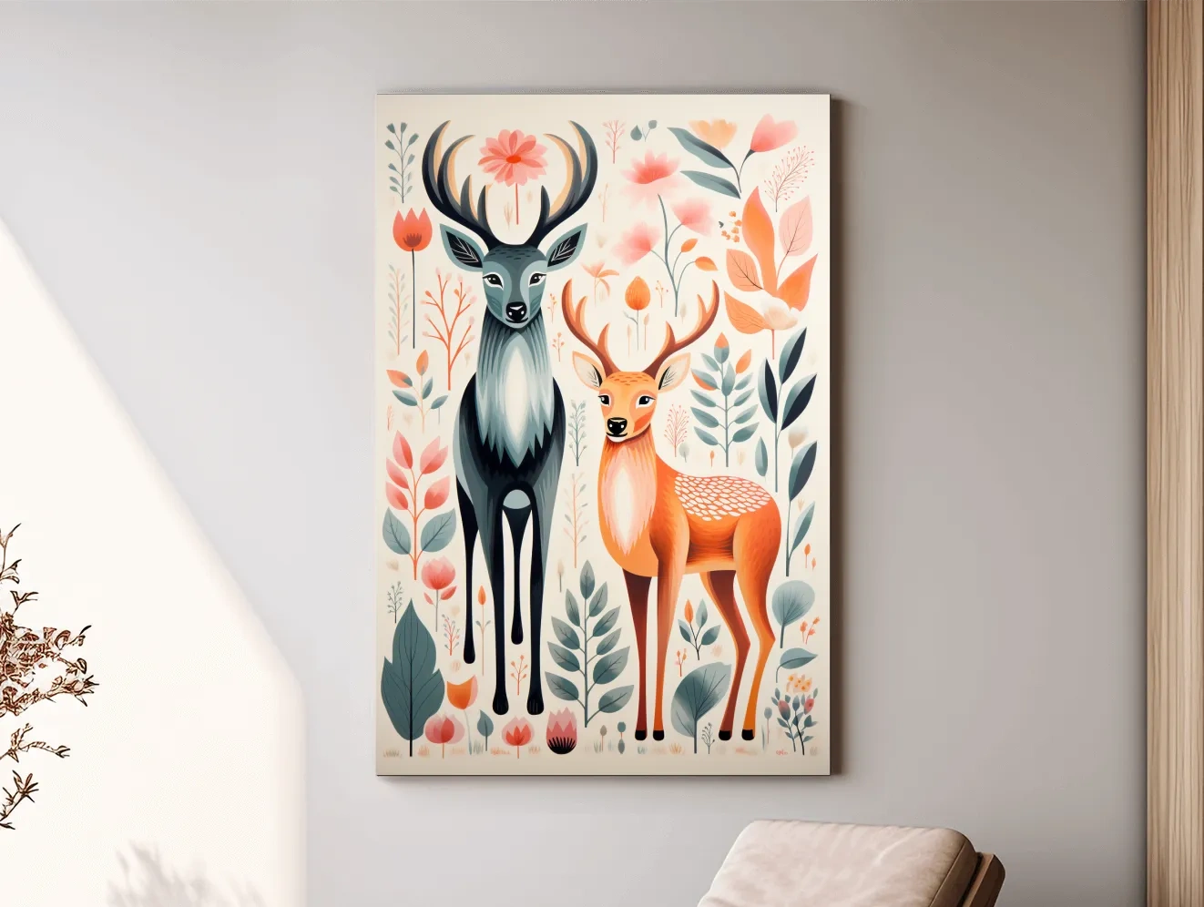 Flat colour vector print of deers and foliage, folk art style