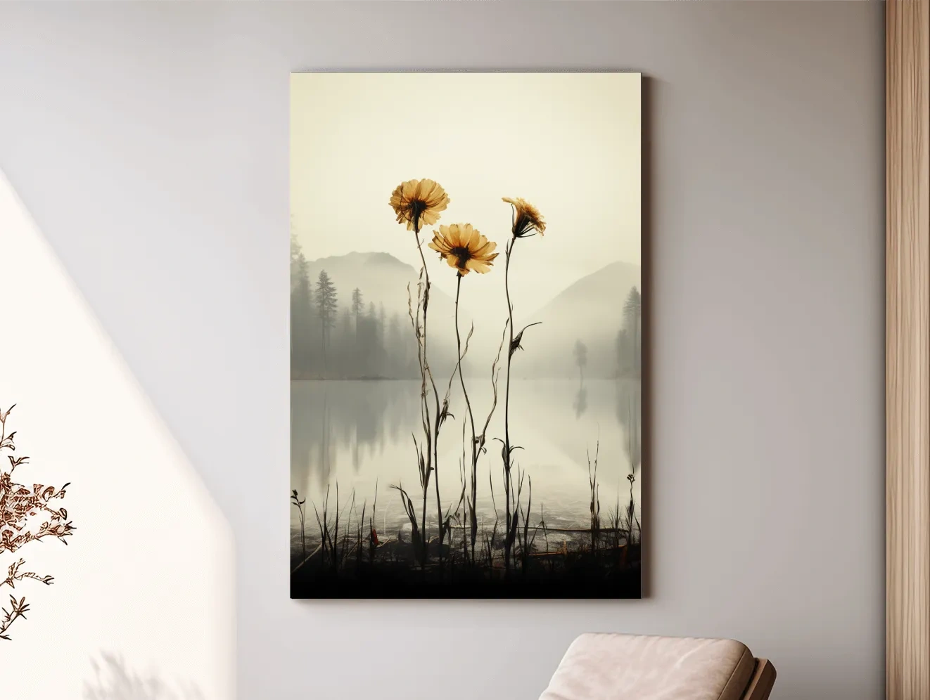 Wildflower Misty Lake Landscape - Minimalist Botanical Wall Art