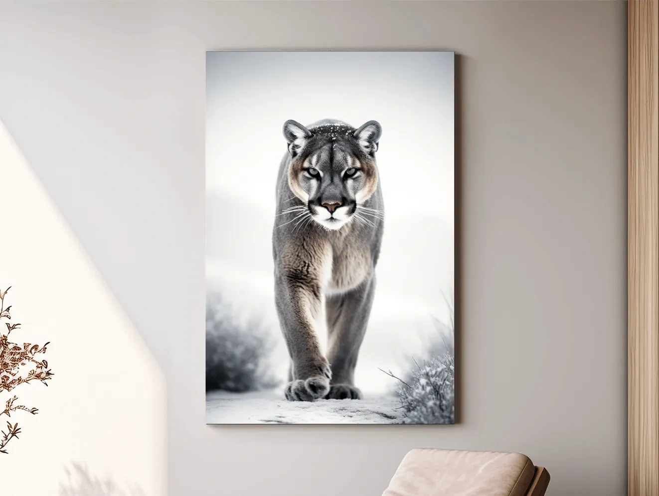 Snowy Cougar Close Up Wildlife Portrait - Winter Nature Wall Art