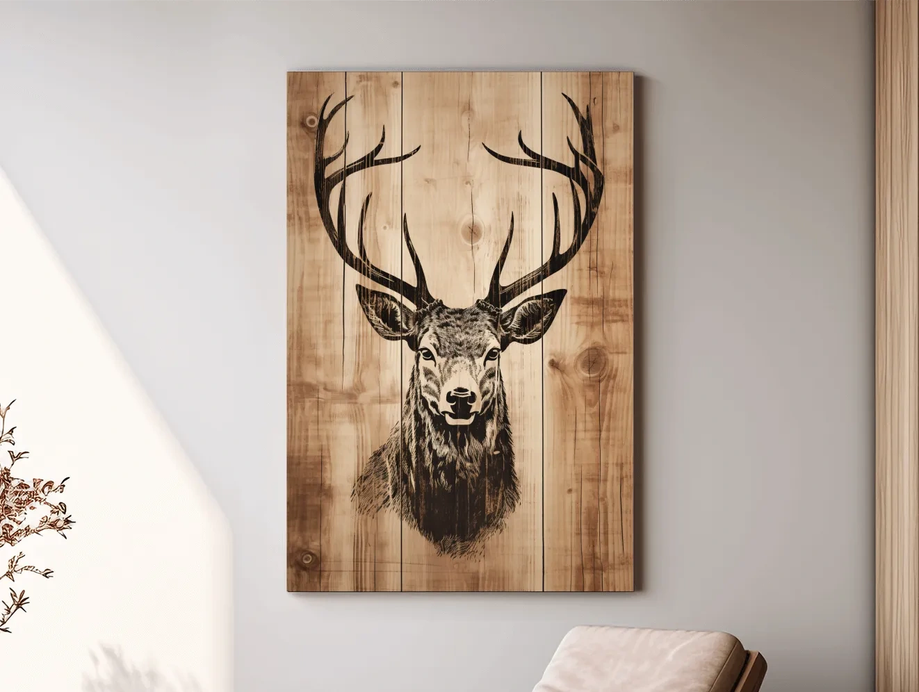 Rustic Deer Head Woodburn Style Portrait - Lodge Cabin Wildlife Wall Art