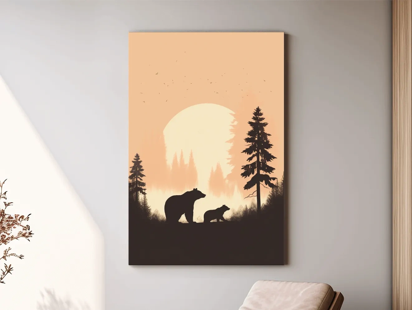 Momma Bear & Cub Silhouettes At Sunset - Minimalist Forest Wildlife Wall Art