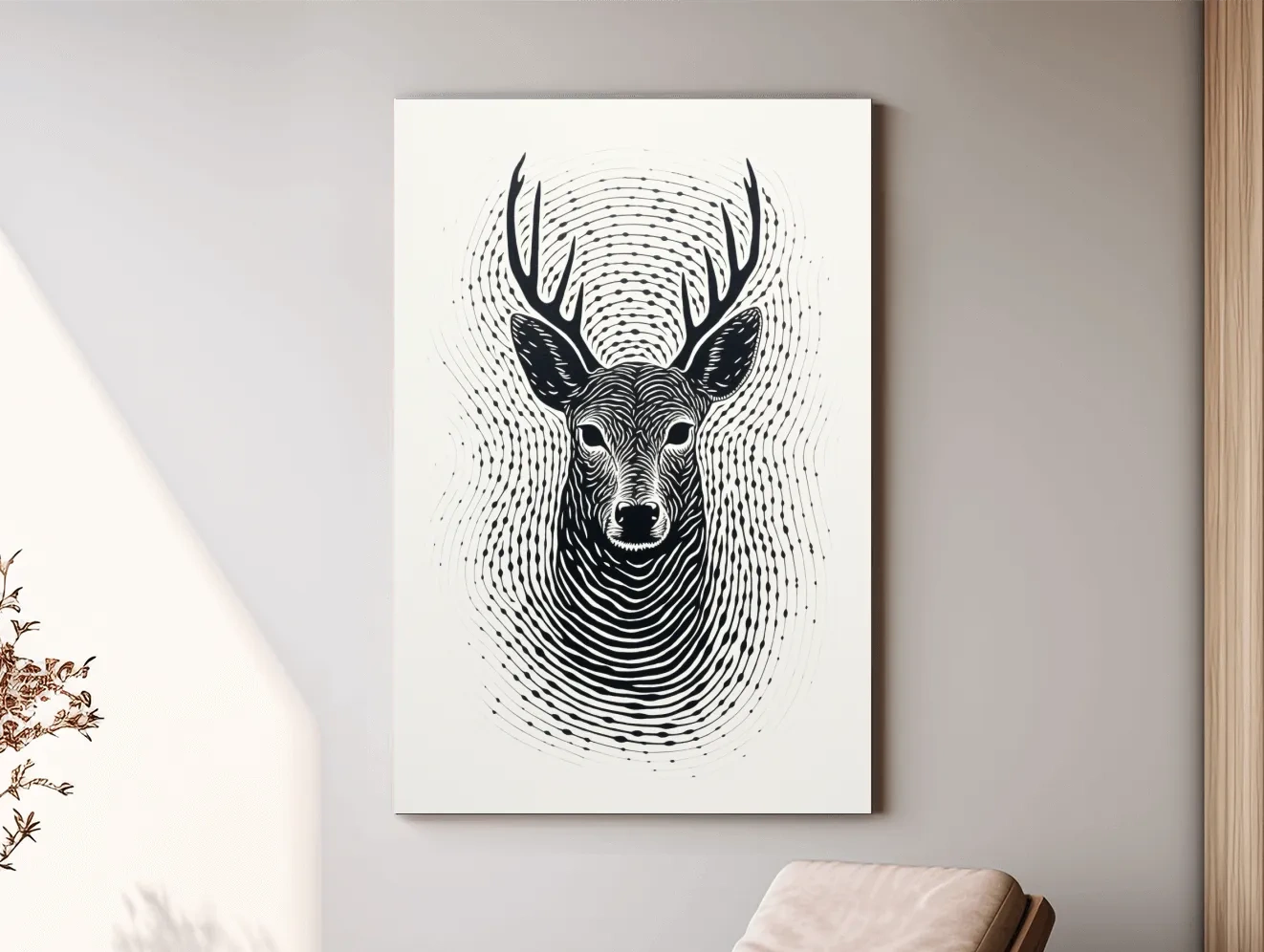 Psychedelic Deer Head Fingerprint Line Art - Black And White Wildlife Wall Art