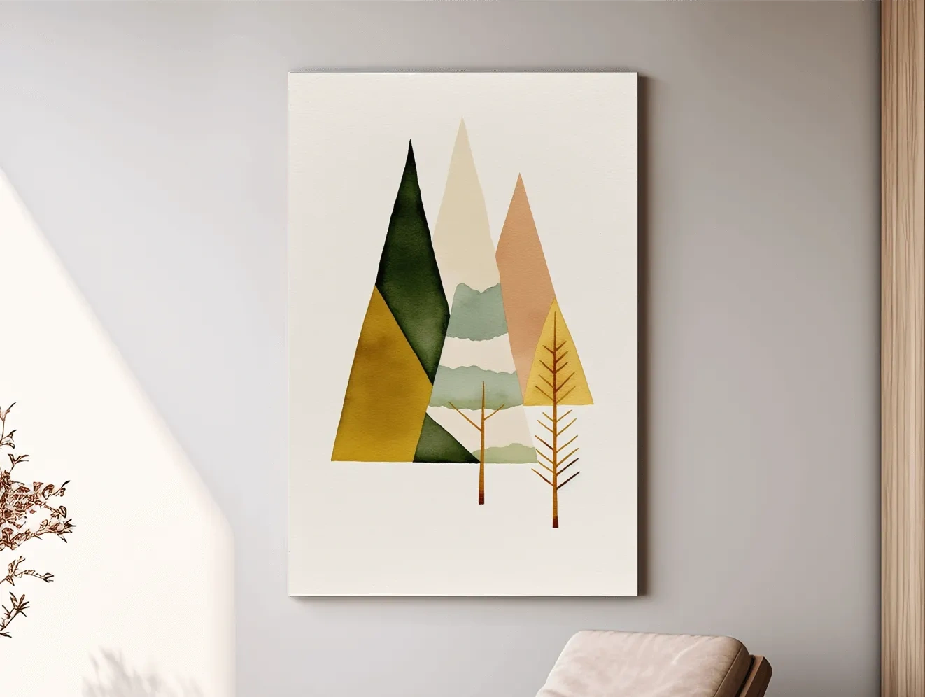 Minimalist Scandinavian Geometric Mountains - Modern Watercolor Forest Landscape Wall Art