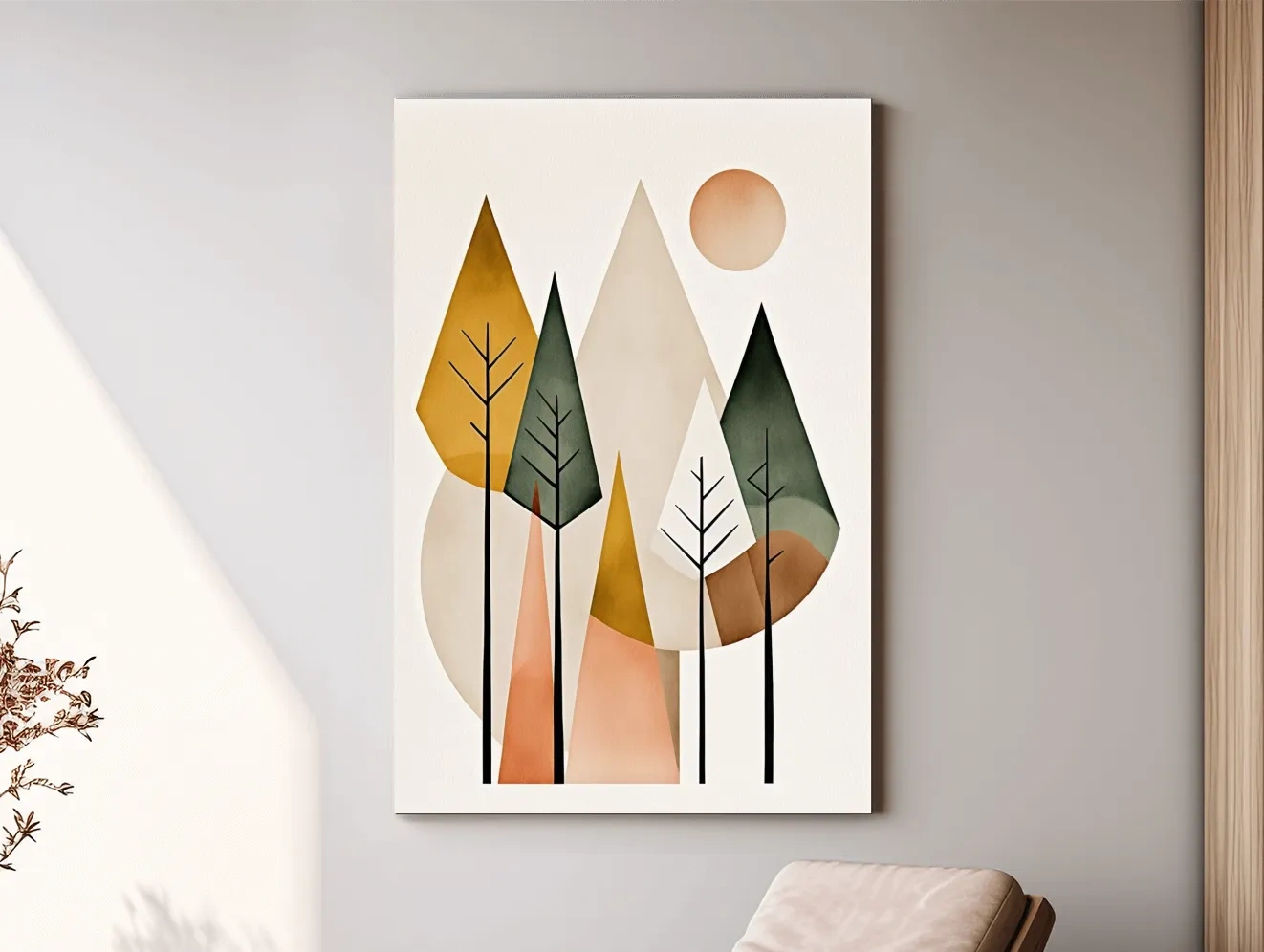 Minimalist Geometric Mountain Forest Artwork - Scandinavian Boho Wall Art