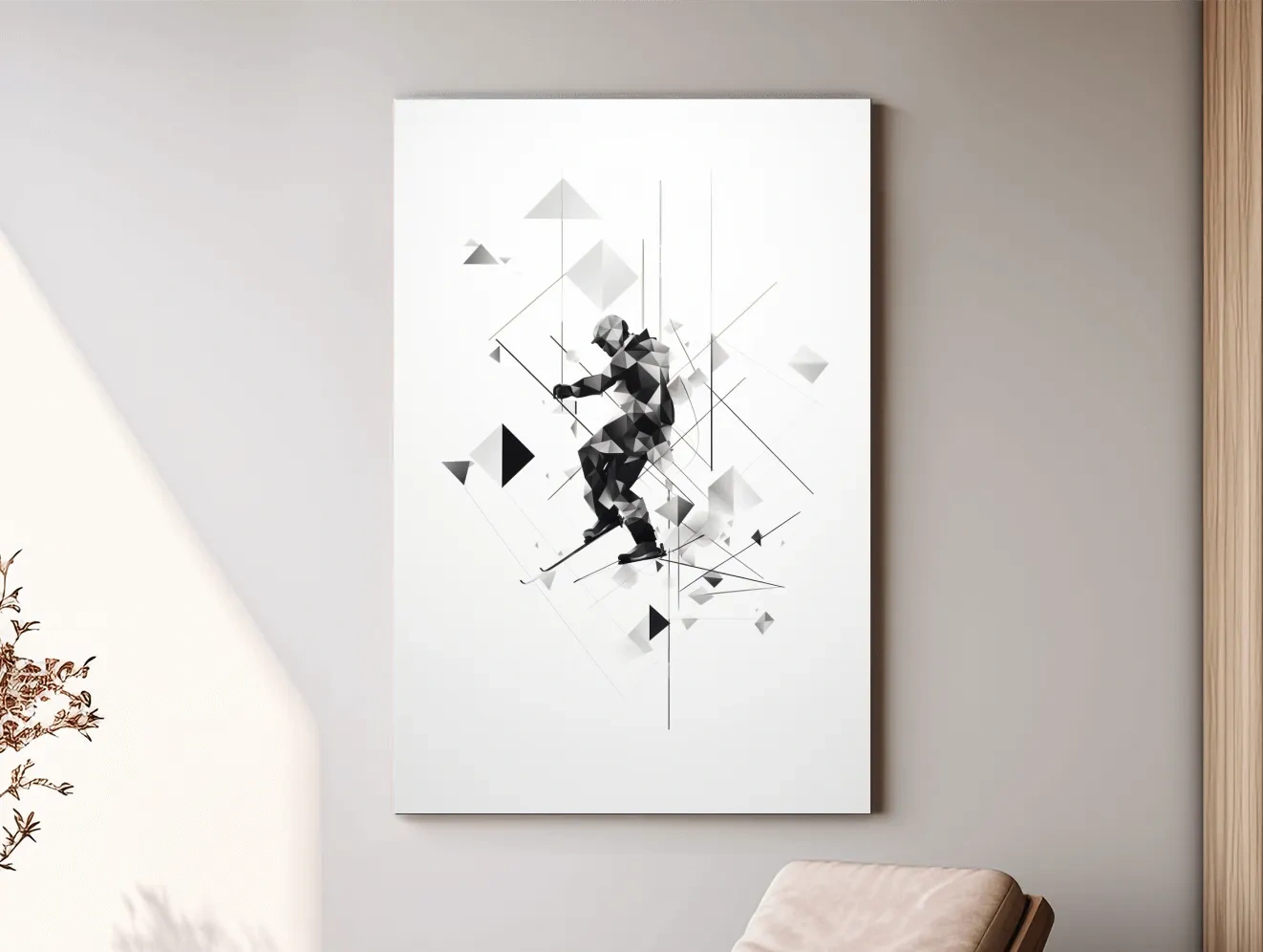 Monochrome Geometric Skier Silhouette - Abstract Winter Sports Wall Art