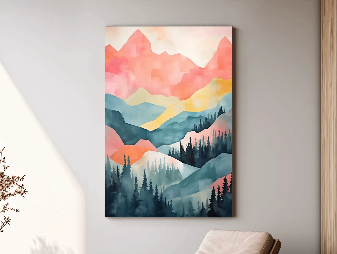 Abstract Watercolor Mountain Sunrise Landscape - Pastel Alpine Forest Wall Art