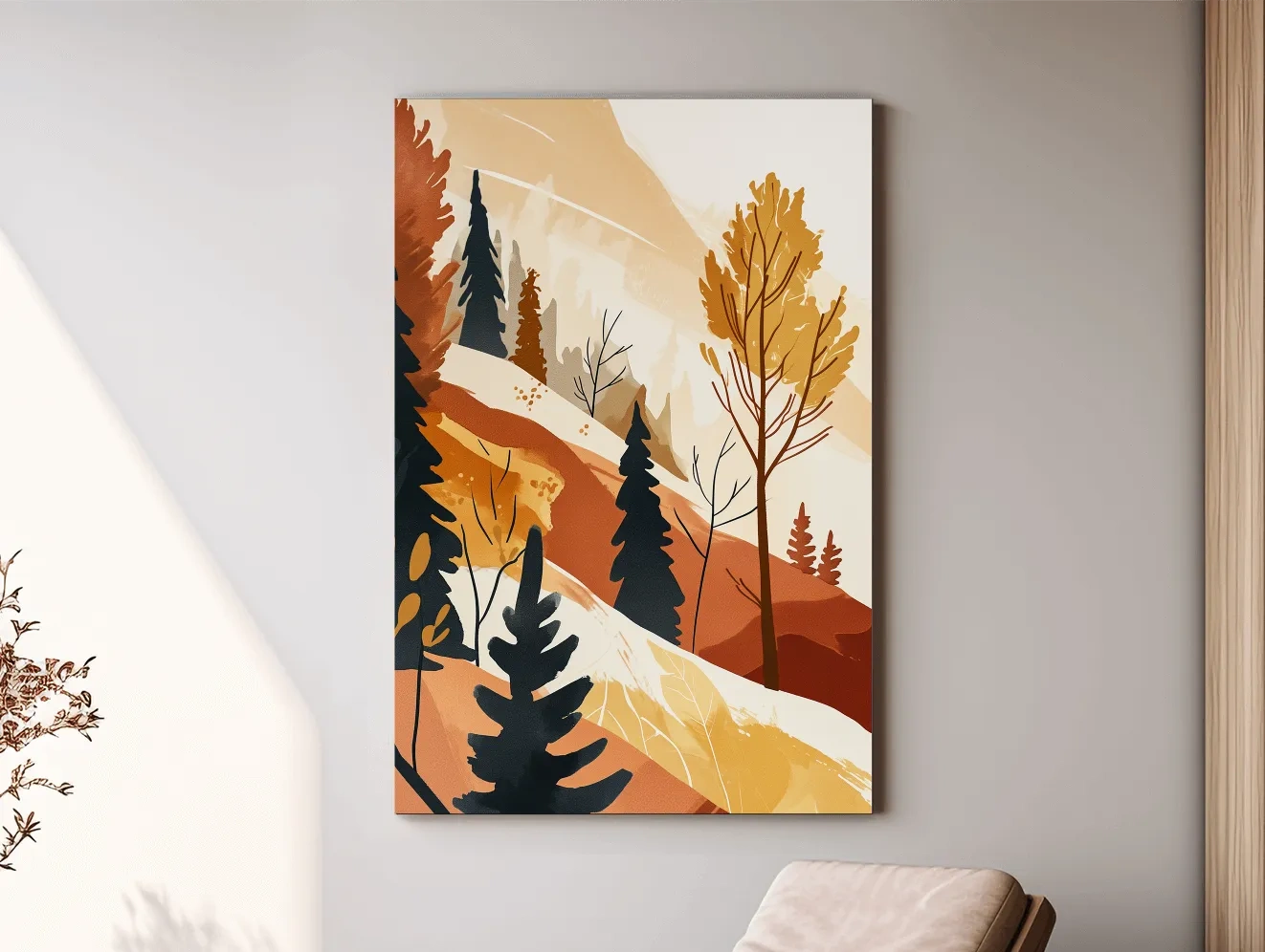 Minimalist Autumn Mountain Forest Landscape - Warm Scandinavian Wall Art