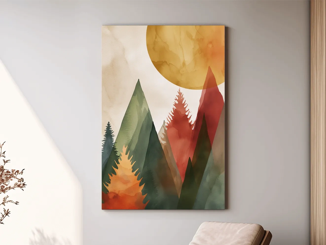 Trees and mountains under the sun, rustic boho watercolour print