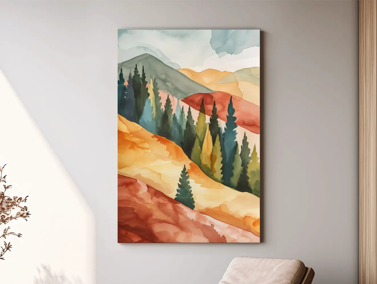 Rustic Autumn Watercolor Mountains & Pine Forest - Serene Abstract Landscape Wall Art