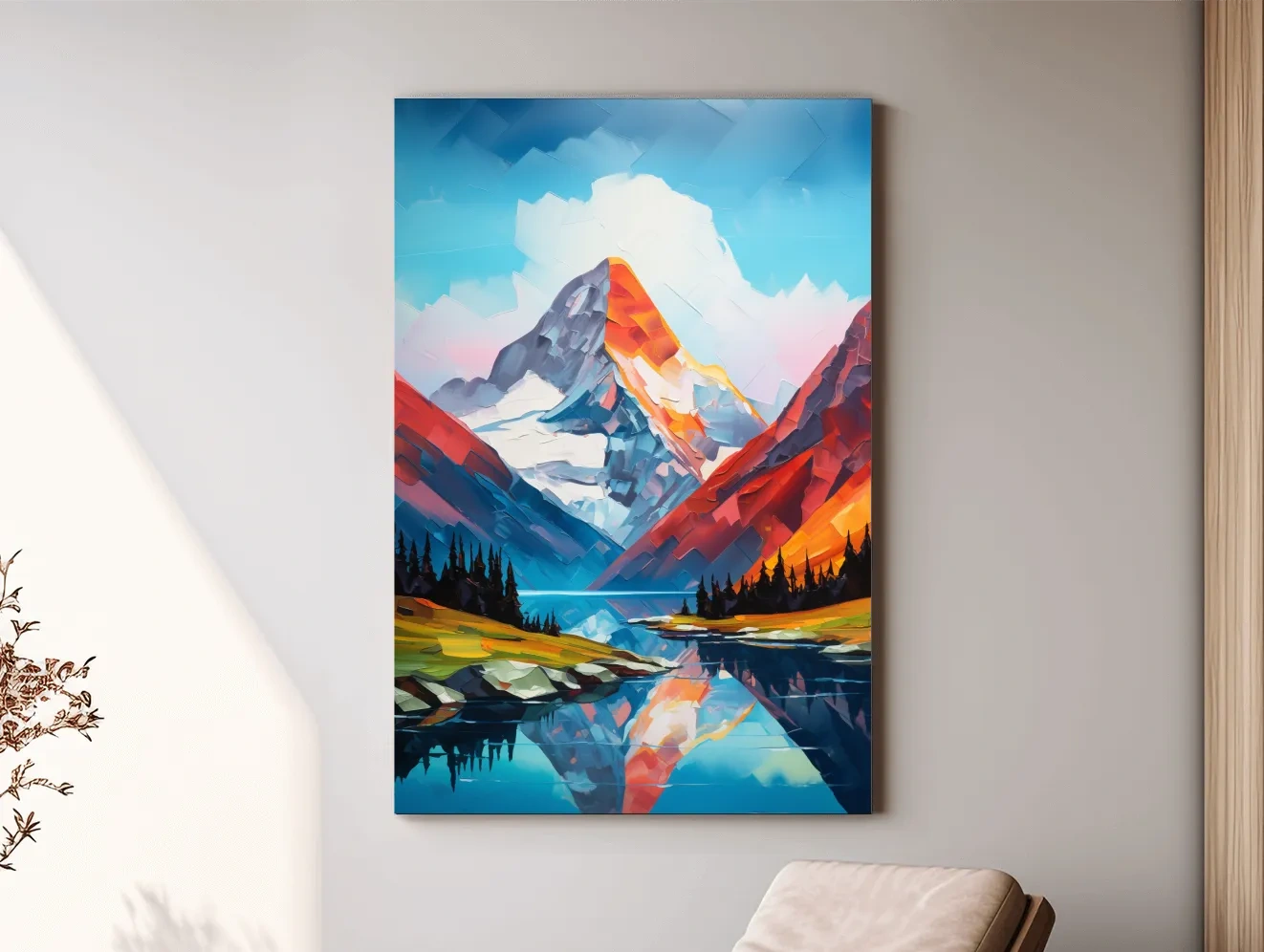 Vibrant Abstract Mountain Lake Reflection - Colorful Impasto Style Wall Art
