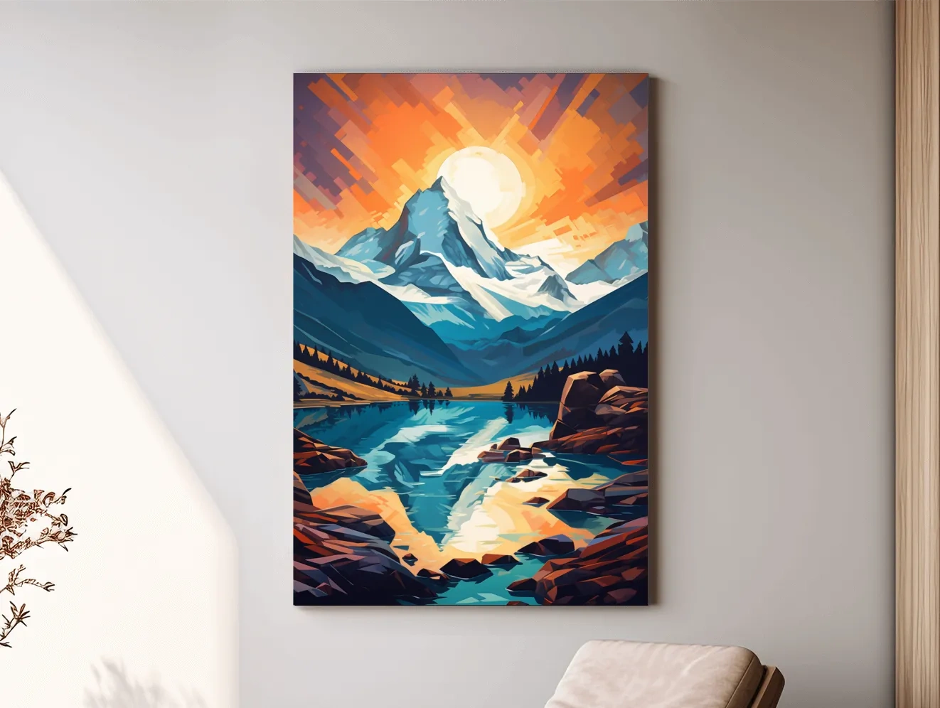 Vibrant Geometric Alpine Glacier Sunrise - Abstract Lake Landscape Wall Art