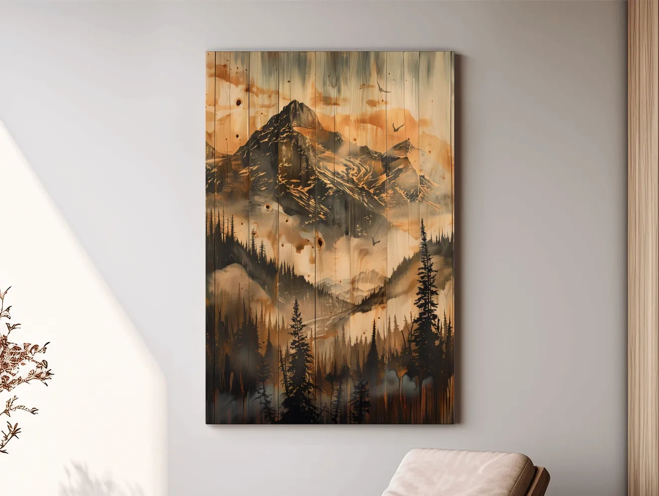 Rustic Woodgrain Mountain Landscape Painting - Sepia Misty Pine Forest Wall Art