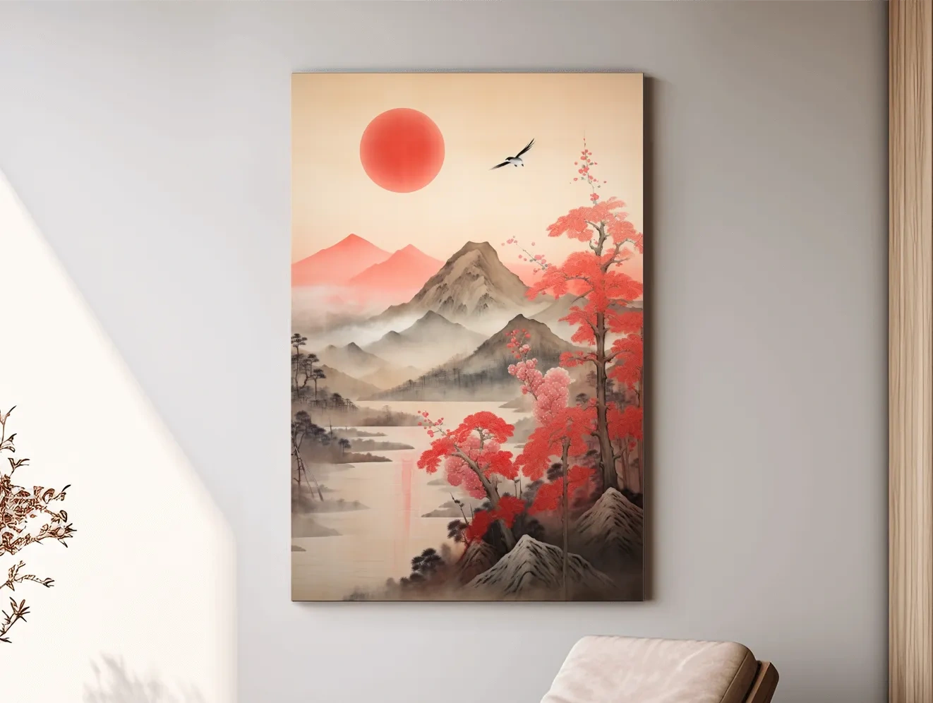 Japanese Ink Wash Mountain Sunrise - Sakura Cherry Blossom Wall Art
