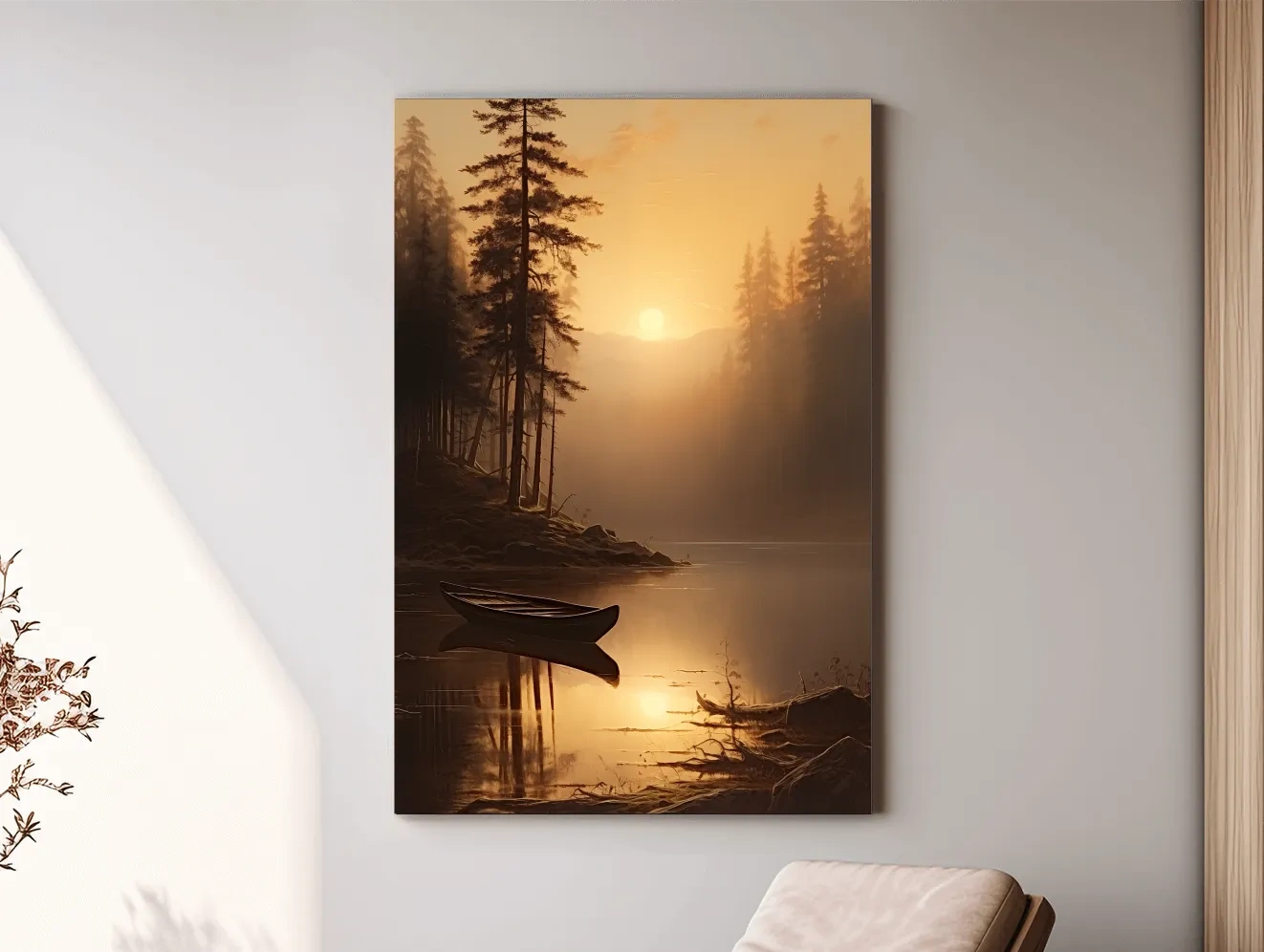 Misty Golden Lake Sunrise With Canoe - Serene Pine Forest Mountain Landscape Wall Art