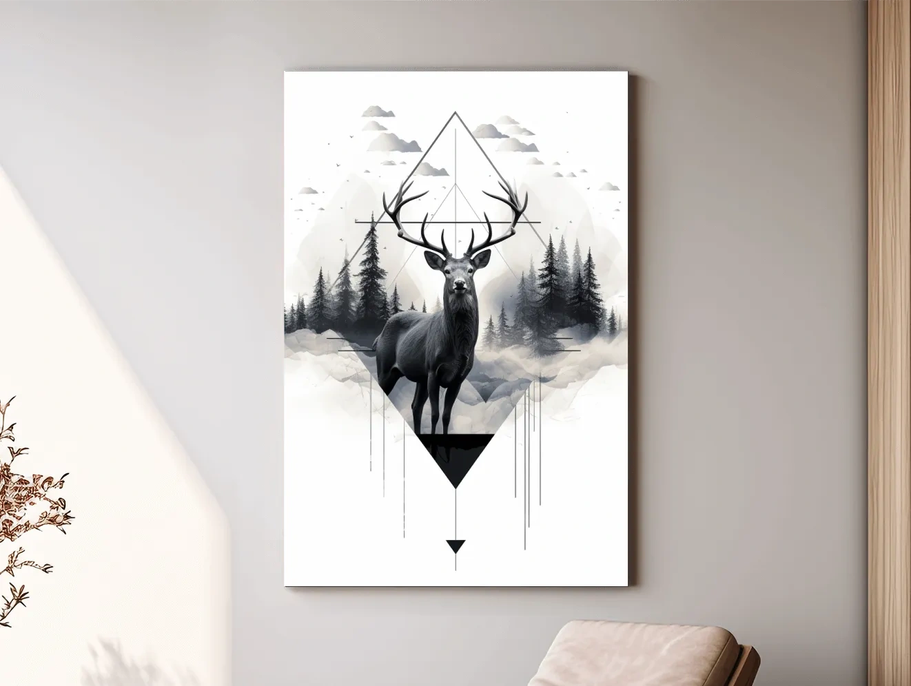 Geometric Monochrome Stag In Misty Pines - Tattoo Inspired Wildlife Wall Art