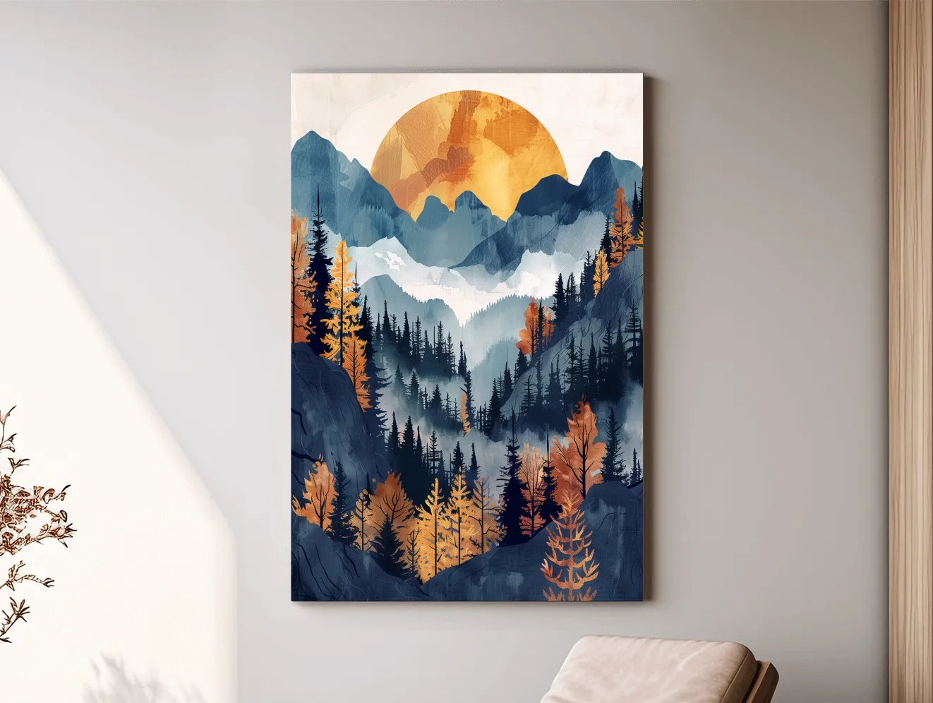 Foggy Autumn Alpine Forest Sunset - Modern Watercolor Mountain Wall Art