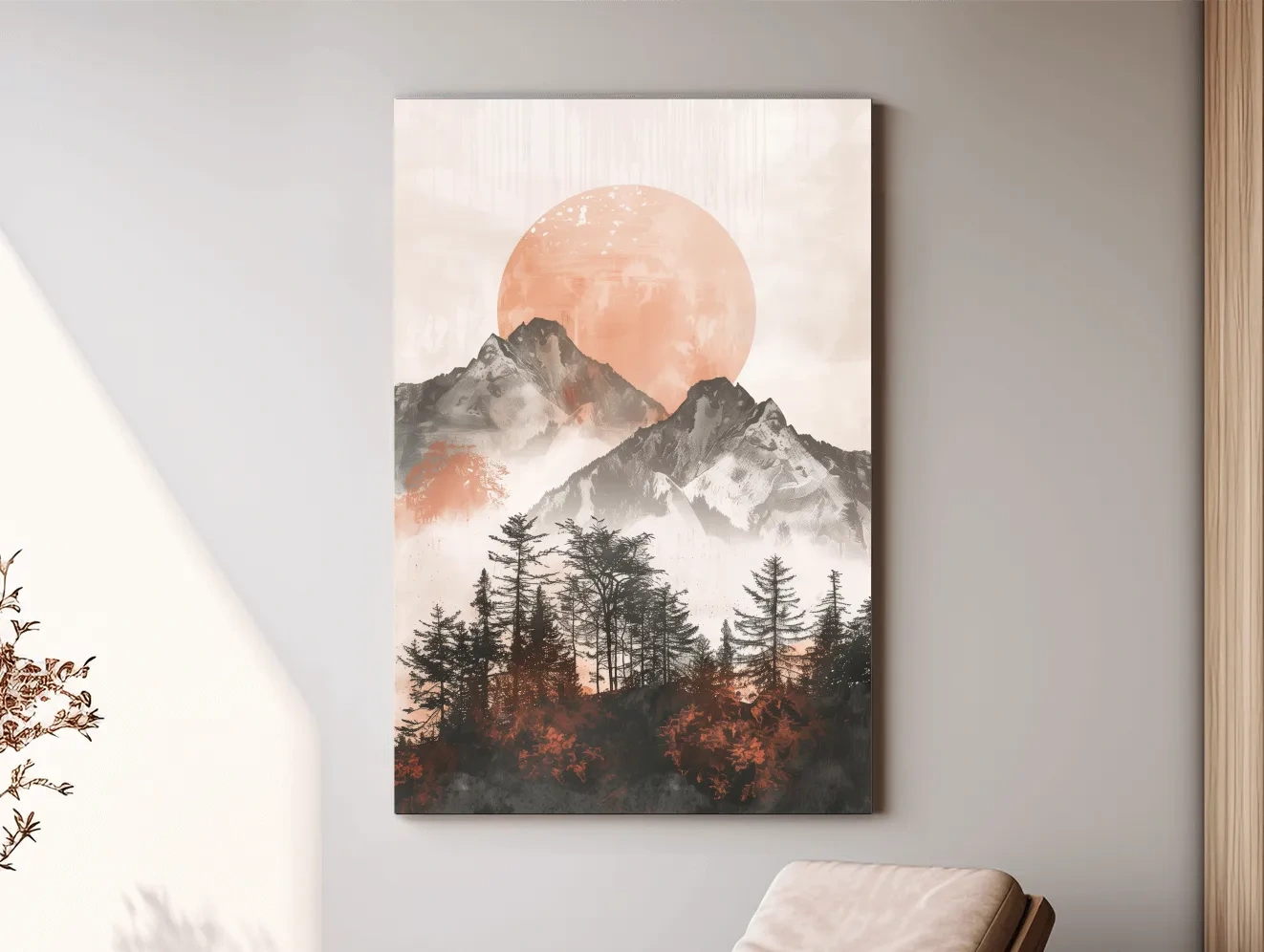 Japandi Mountain Sunrise With Pine Forest - Minimalist Watercolor Landscape Art