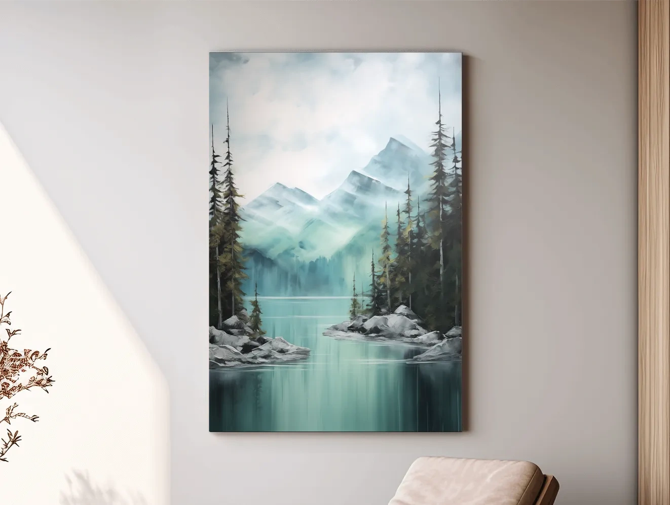 Misty Turquoise Mountain Lake Landscape - PNW Watercolor Forest Wall Art