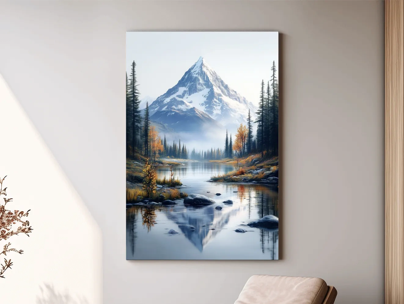 Majestic Snowcapped Mountain Lake Artwork - Serene Alpine Meadows Wall Art