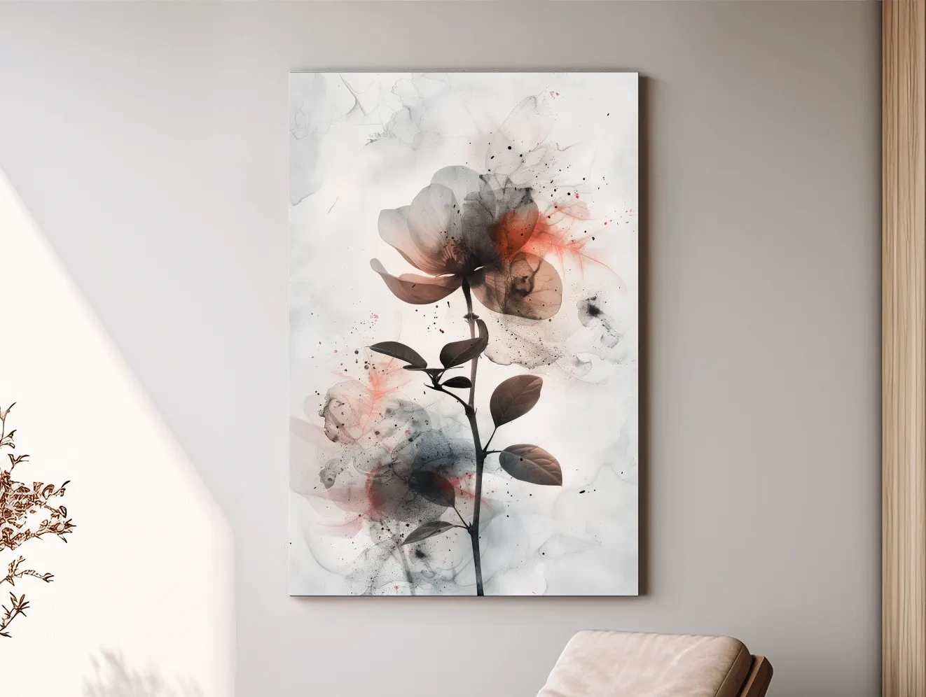 Moody Ink Wash Floral Blossom - Minimalist Floral Watercolor Wall Art