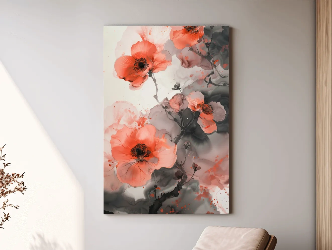 Poppy Blossom Ink Wash Painting - Floral Botanical Watercolor Artwork
