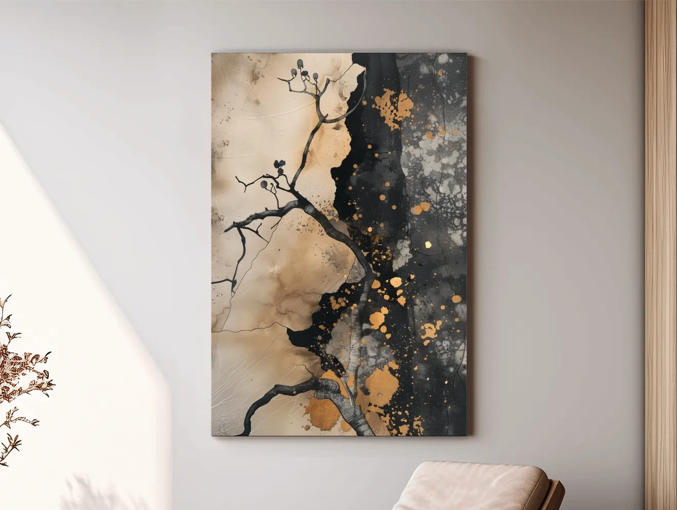 Ink Branch Silhouette With Gold Splatter - Modern Japandi Abstract Wall Art