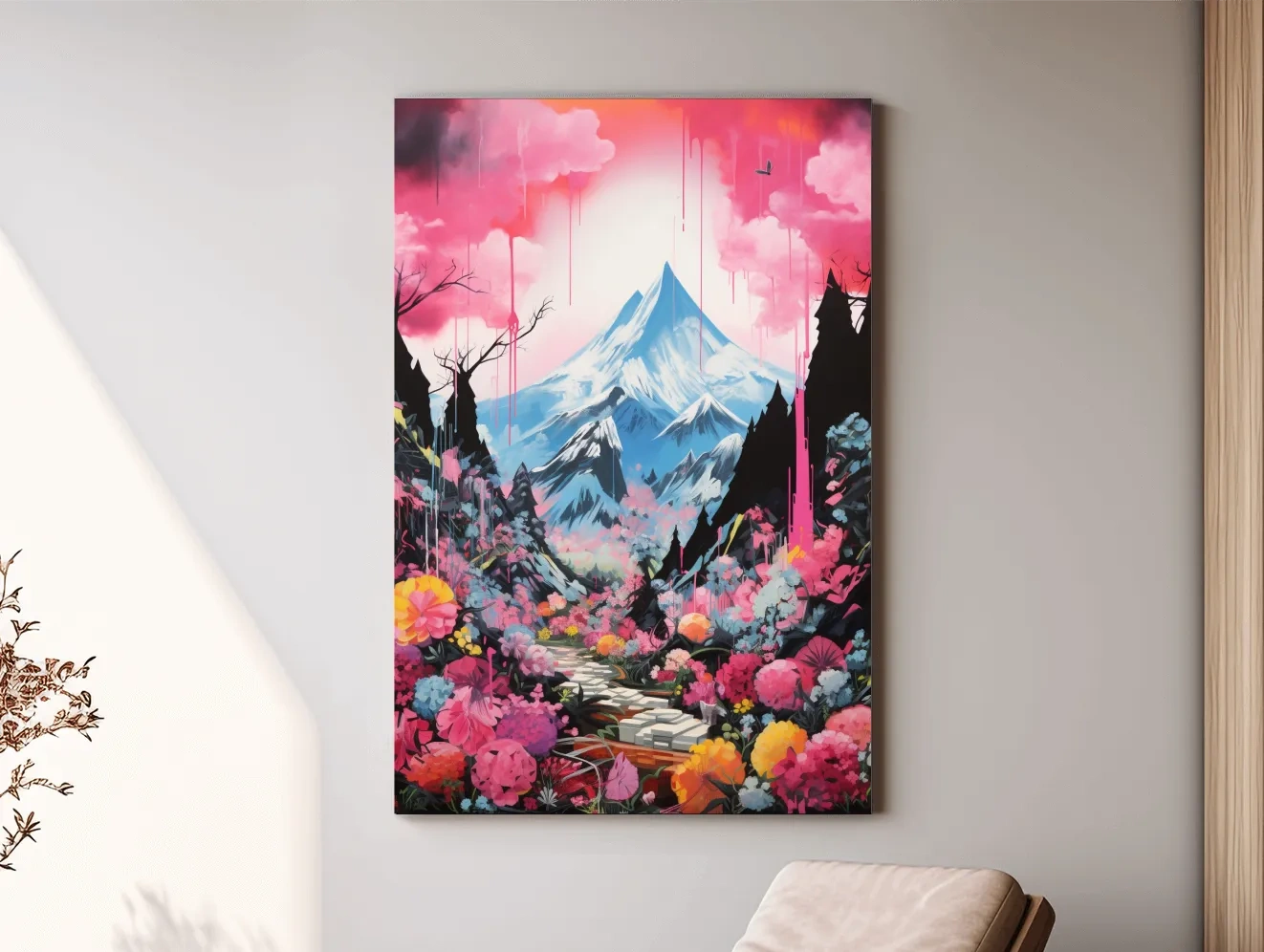 Energetic illustration of pink alpine flowers by a glacier